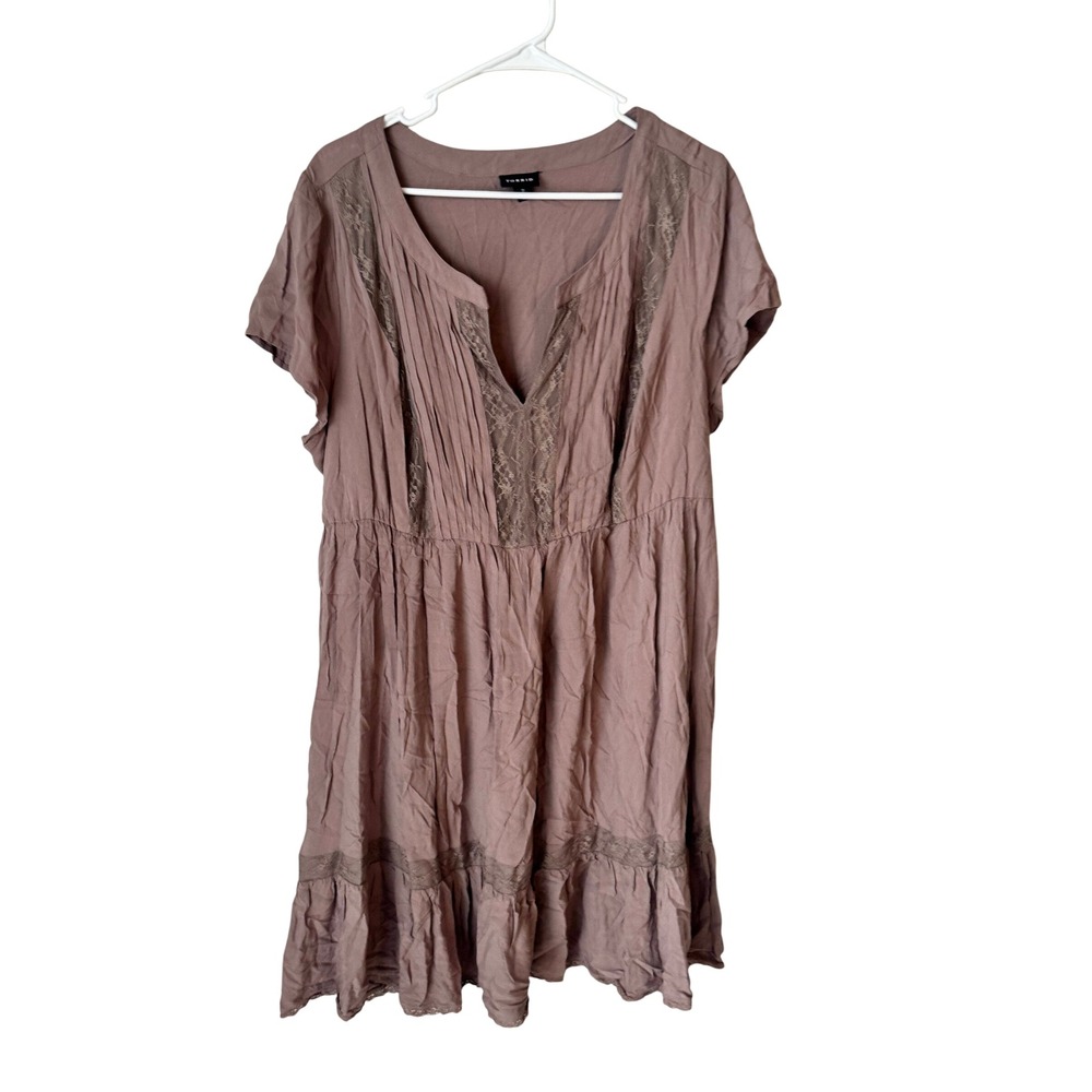Torrid Mauve Lace Trim Babydoll Mini Dress Plus Size 2 Purple Boho Pleated VNeck